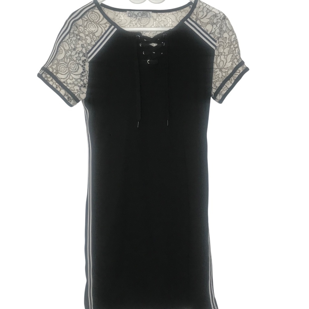 Lace-Up Neck Sheer Sleeves Striped Trim Bodycon Dress Size M